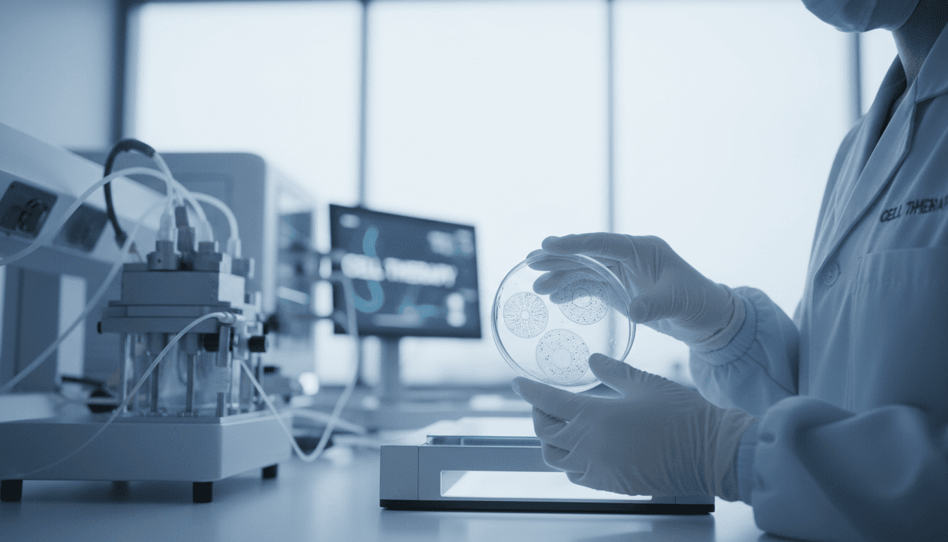 Scientist handling cell cultures in a modern biomanufacturing laboratory